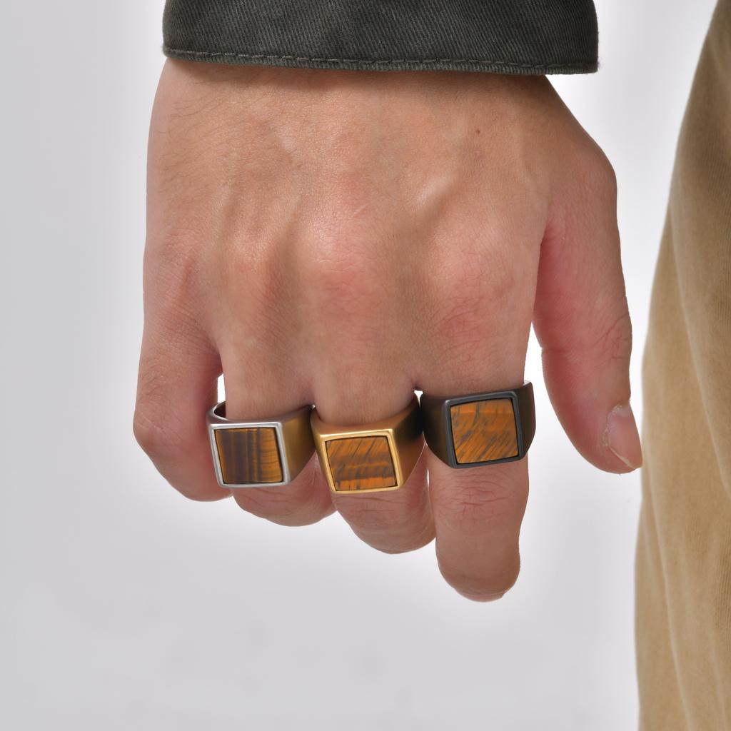 Vnox Stainless Steel Tiger Eye Ring for Men Him, Natural Stone Square Signet Ring 14mm Wide Size 7-12, 2026 Fashion Jewelry Gift