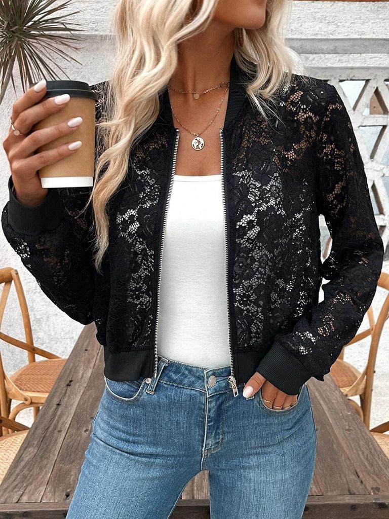 Jarní Elegantní Dámská Krajka Ohyb, Zip Krátká Bunda Vrchní Kabát