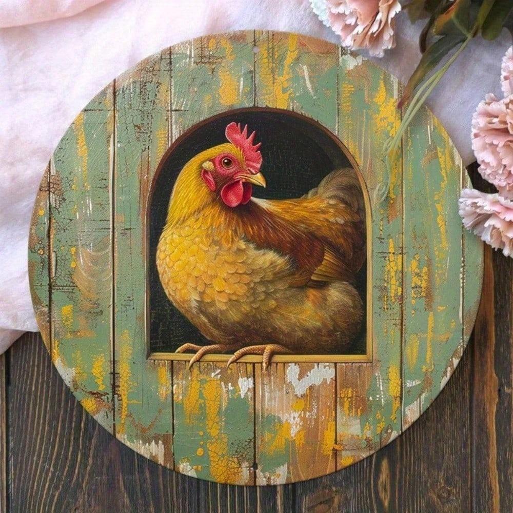 Vintage 8x8 Inch Round Tin Sign Chicken Wreath Wall Art Farmhouse Home Decor