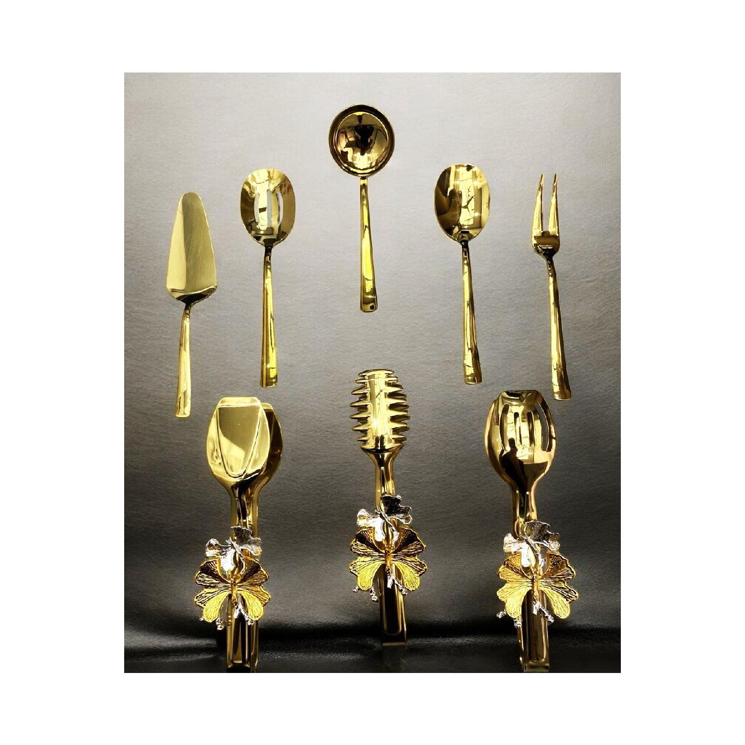 

8-piece Stainless Steel Gold Colander, Ladle, Shovel, Fork, Spoon, Butterfly Tongs Serving Set, Dowry срібний