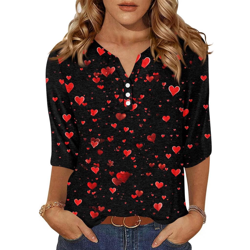 Damen T-Shirt mit Aufdruck, Knopfleiste, 3/4-Ärmel, für den Alltag, Wochenendmode, Basic, V-Ausschnitt, normales Oberteil