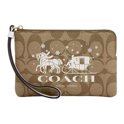 Clutch Bag Corner Zip Wristlet 16 Carriage Logo Print Classic Floral Zipper Closure Coated Canvas and Smooth Leather Mini Women's Gold