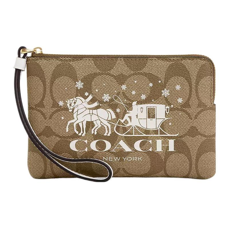 COACH clutch bag Corner Zip Wristlet 16 Carriage logo print classic floral zipper closure coated canvas and smooth leather mini women s gold золотой