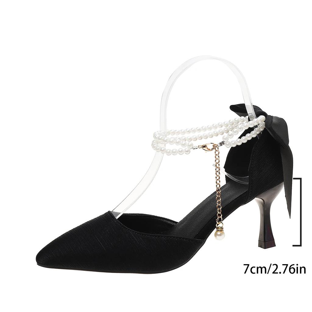 2025 String Bead Ladies High Heels Ankle Strap Pumps Pointed Toe High Heels Women's Sandals Banquet Party Shoes Elegant Stiletto