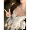 Summer Pure Desire Wind Fairy Small White Dress Korean Waist Design Splicing Lace Off the Shoulder Sleeveless Skirt Tide
