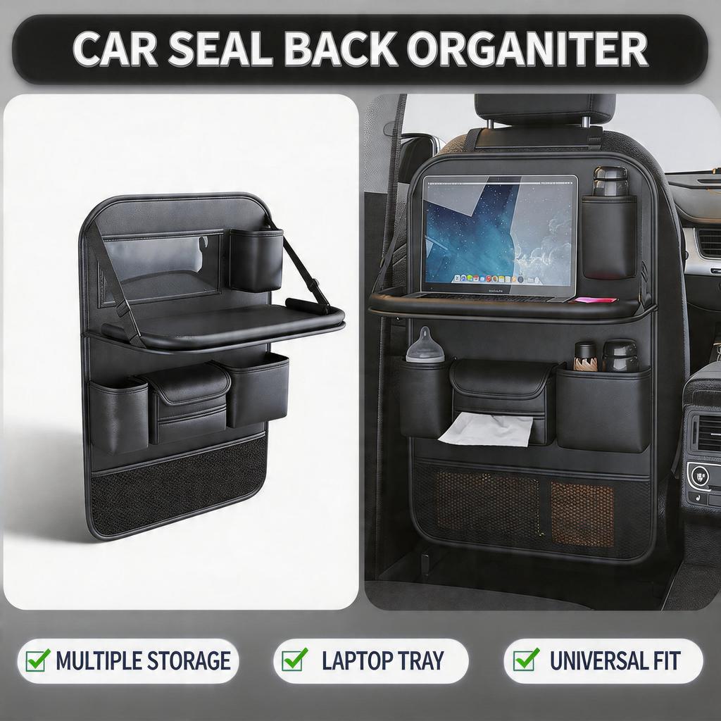 Multi-Pocket Rear Seat Organizer Premium Waterproof PU Leather Car Seat Back Pocket with Stain Proof Tablet Storage for Kids Tra