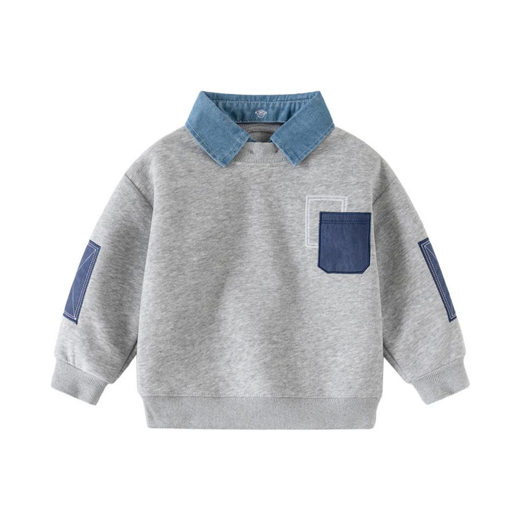 Boys' Spring Sweatshirt with Sleeve Patches - Fake Two-Piece Casual Jacket for Everyday Wear