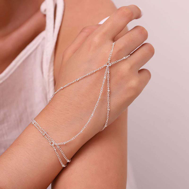 Elegant Tiny Chain Bracelet Finger Ring for Women Fashion Gold Color Metal Link Chains Connecting Hand Harness Bracelets Zircon
