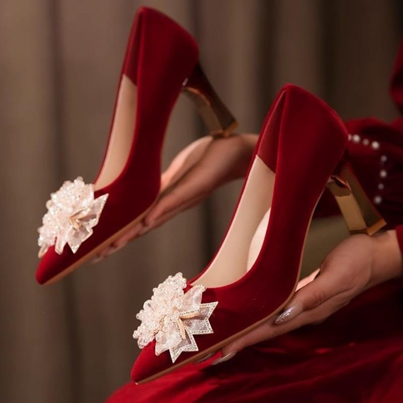 

Fashion 2025 Pointed Toe Rhinestone Bow Suede Women s Singles 40