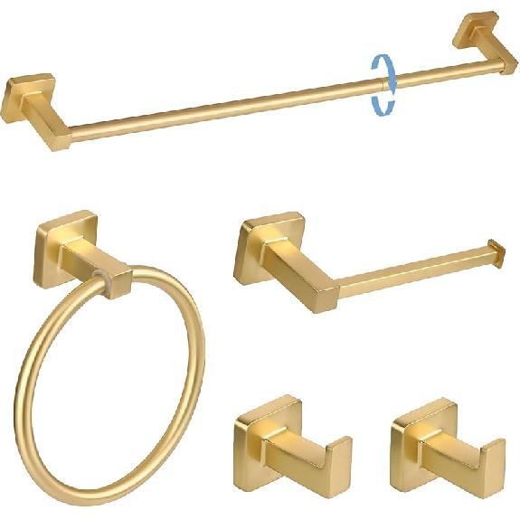 Gold Towel Bar Set 5 Pieces Bathroom Hardware Accessory Set Towel Holder Set for Bathroom SUS304 Stainless Steel Bathroom Accessories Set Wall 5PCS