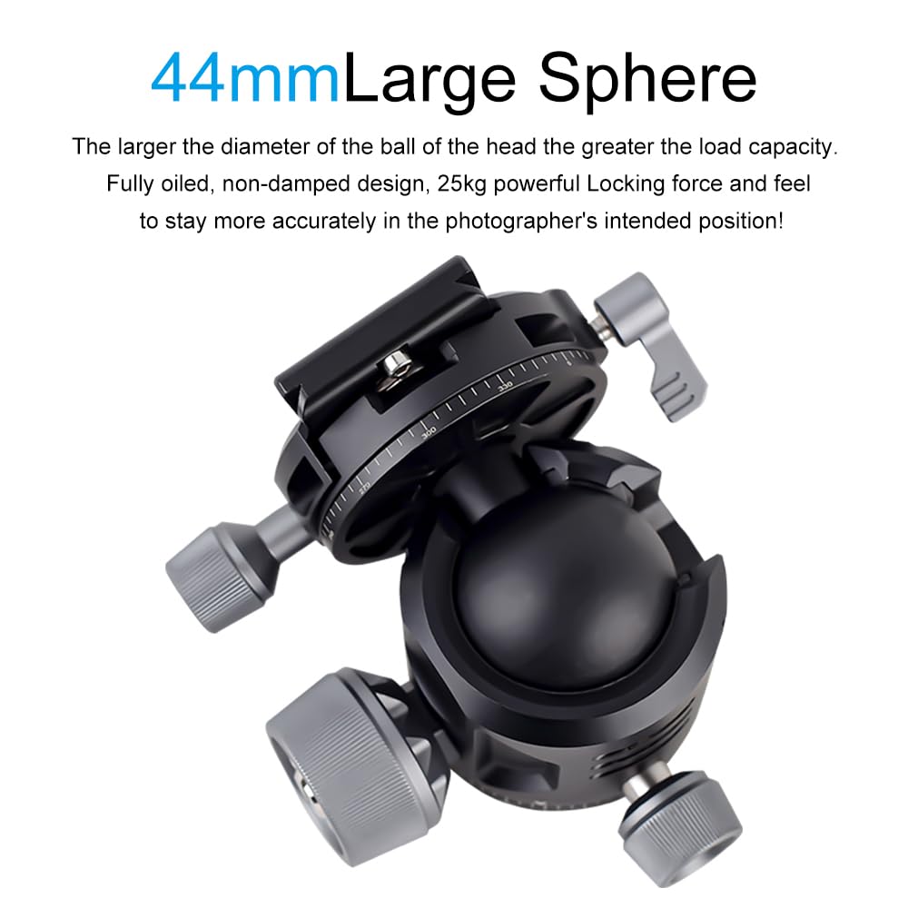 XILETU 44mm Ball Head for Low Center of Panoramic Aluminum Alloy QR Plate Maximum Load Capacity for and Cameras Tripods, Gravity, 360° View,