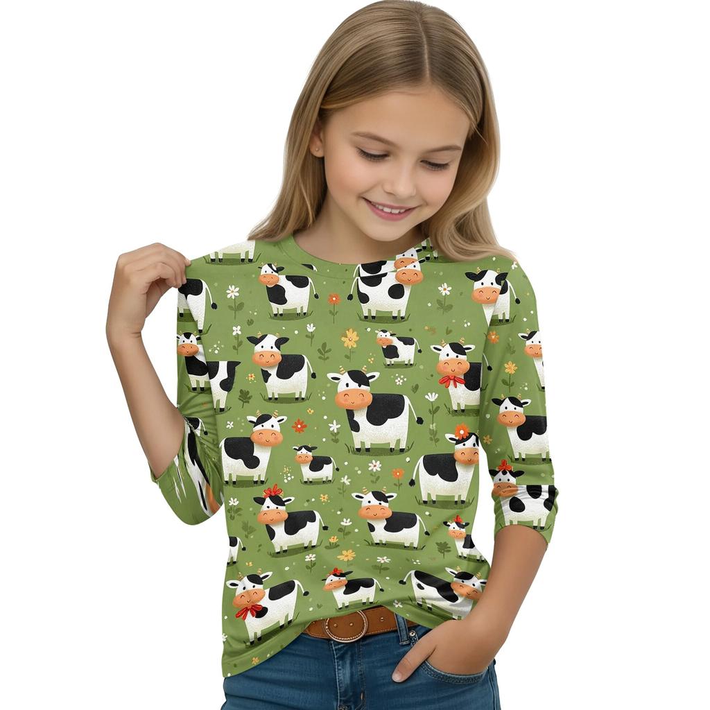 Children's Three-Quarter Sleeve Round Neck Top with Animal Print for Casual Daily Wear