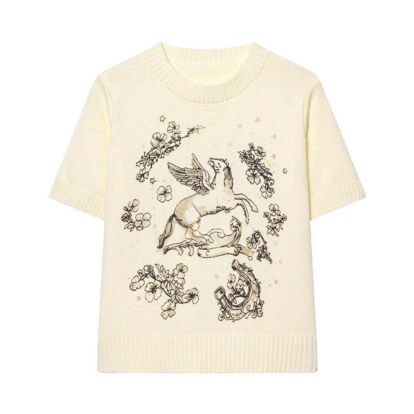 European and American style, new women s clothing, foreign style, fashionable, versatile, fashionable, printed knitted short sleeves S белый
