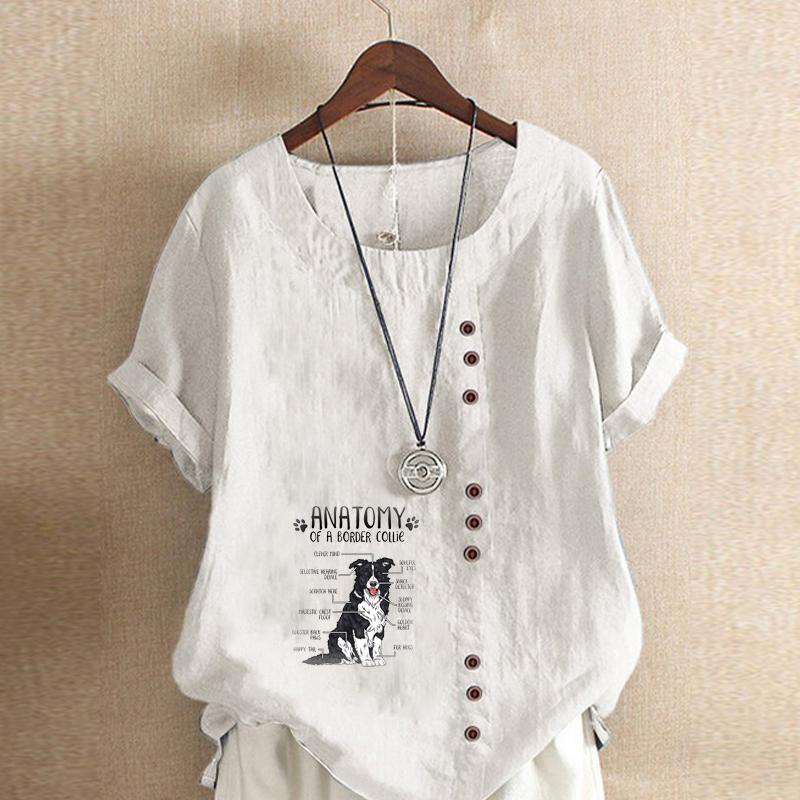Women's Fashion Round Neck Short Sleeve T-shirt Casual Cotton Linen Graphic Shirt Leisure Loose Lovely dog  Prined Summer Blouse Tops