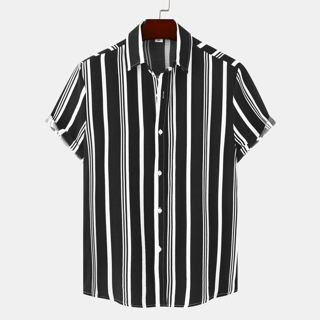 Spring and Summer New Men's Shirt Casual Striped Print Turndown Collar Short Sleeve Loose Buttons All-match Print Cardigan