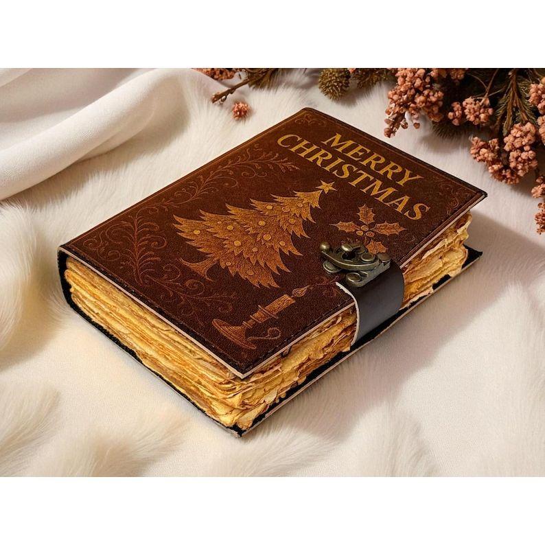 Handmade Christmas Leather Journal – Vintage Embossed Writing Diary 7 x 5 inch / 100 Page