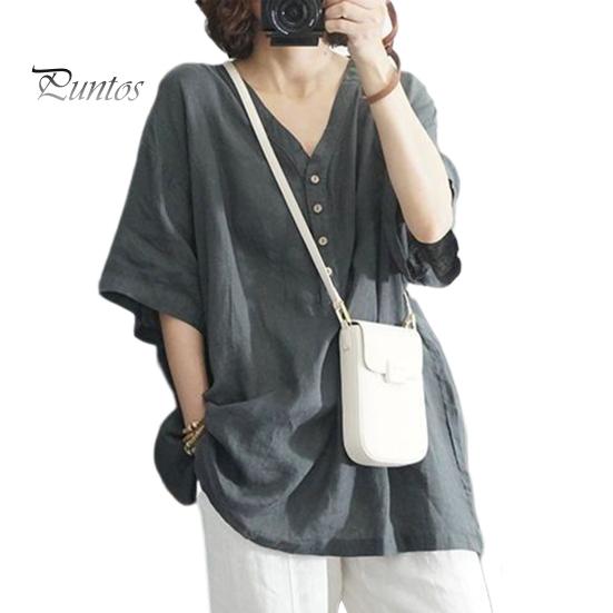 

Женские летние топы с v-образным вырезом и пуговицами, футболка с короткими рукавами и однотонным пуловером свободного покроя, уличная одежда L серый