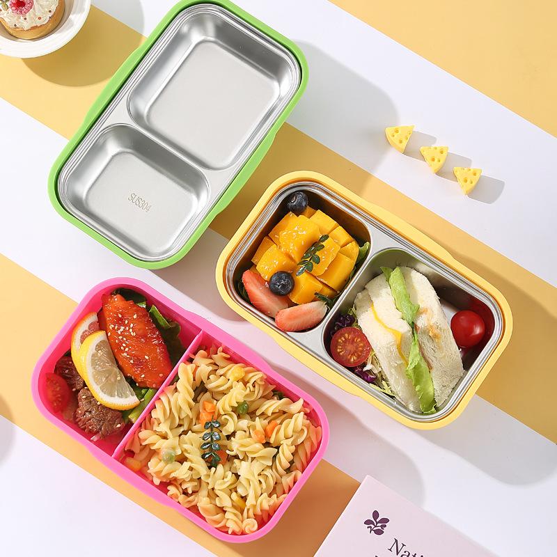 Isolierte Kinder-Lunchbox mit Cartoon-Trennern, Löffel und auslaufsicherem Schnappverschluss - Doppelkammer 304 Edelstahl.