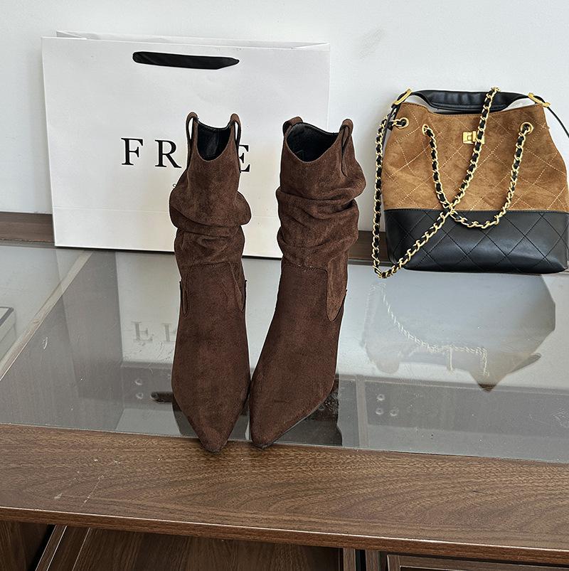 European and American style pointed-toed pleated piled boots women's 2025 autumn fine-heeled short denim bare boots high-heeled temperament short boot