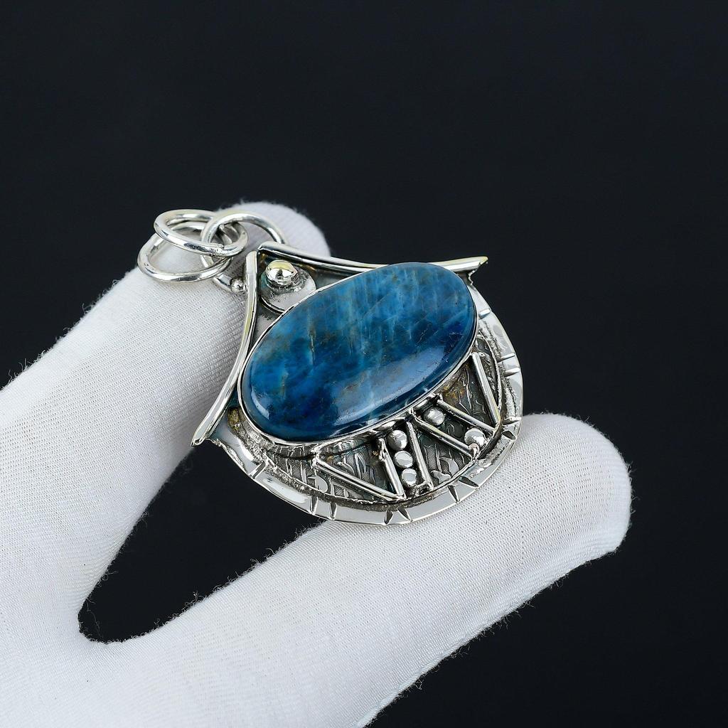 Neonblauer Apatit Edelstein Handgefertigter 925 Sterling Silber Anhänger, Antiker Natürlicher Apatit Anhänger, Damenschmuck, Unisex Anhänger für Sie