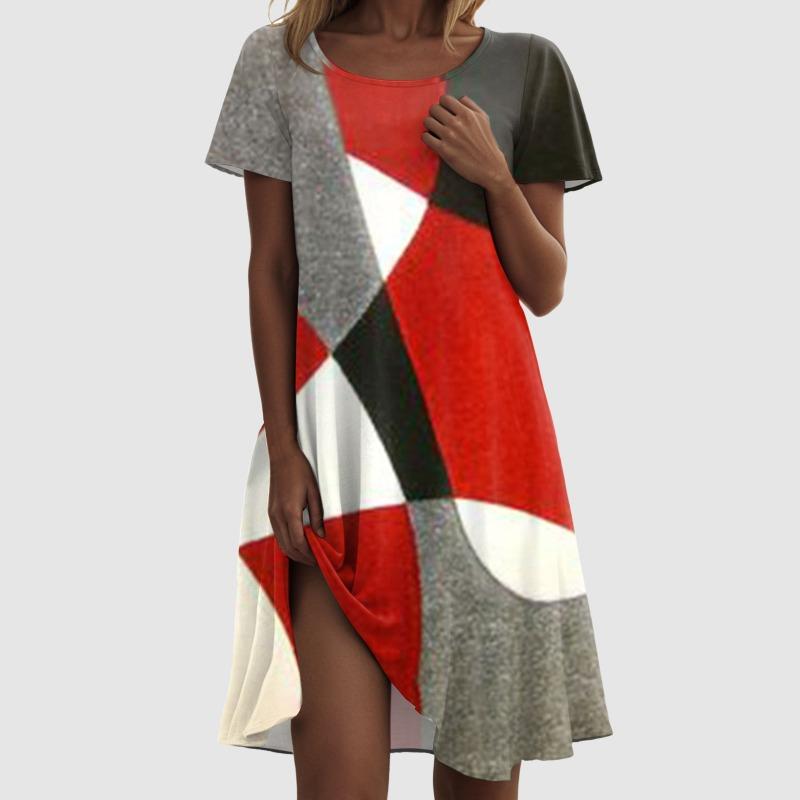 Damenkleid Blumendruck Oversized Strandkleid Kurzarm Rundhalsausschnitt Midikleid Unregelmäßiger Saum Elegant Locker Knielanges Kleid