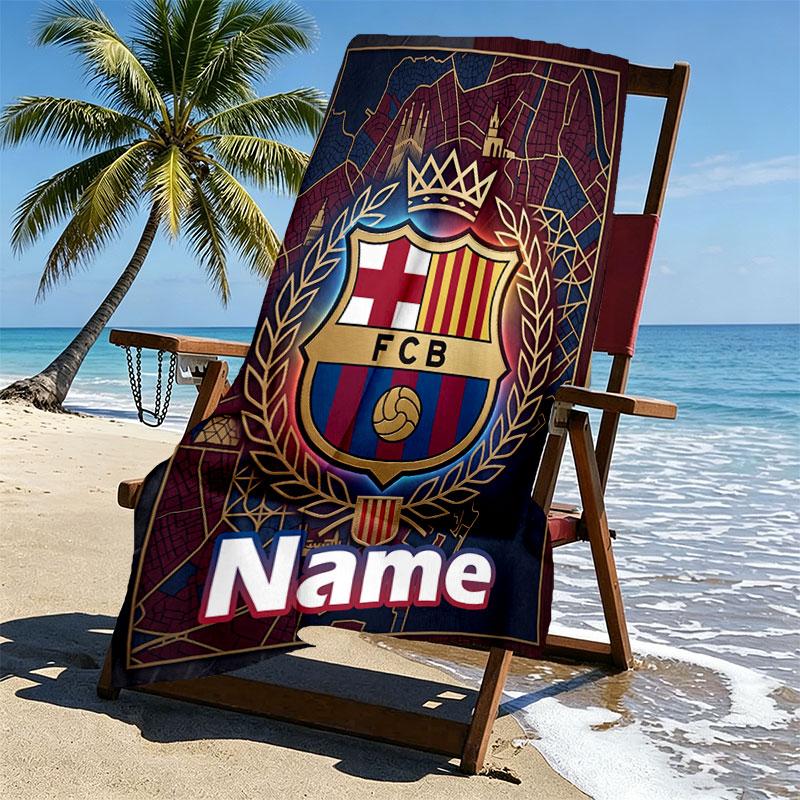 Personalisierter Strandtuch mit individuellem Namen, FC Barcelona Druck, für Reise, Camping, Strandparty, Heimdekoration, Geburtstagsgeschenk für Familie & Freunde