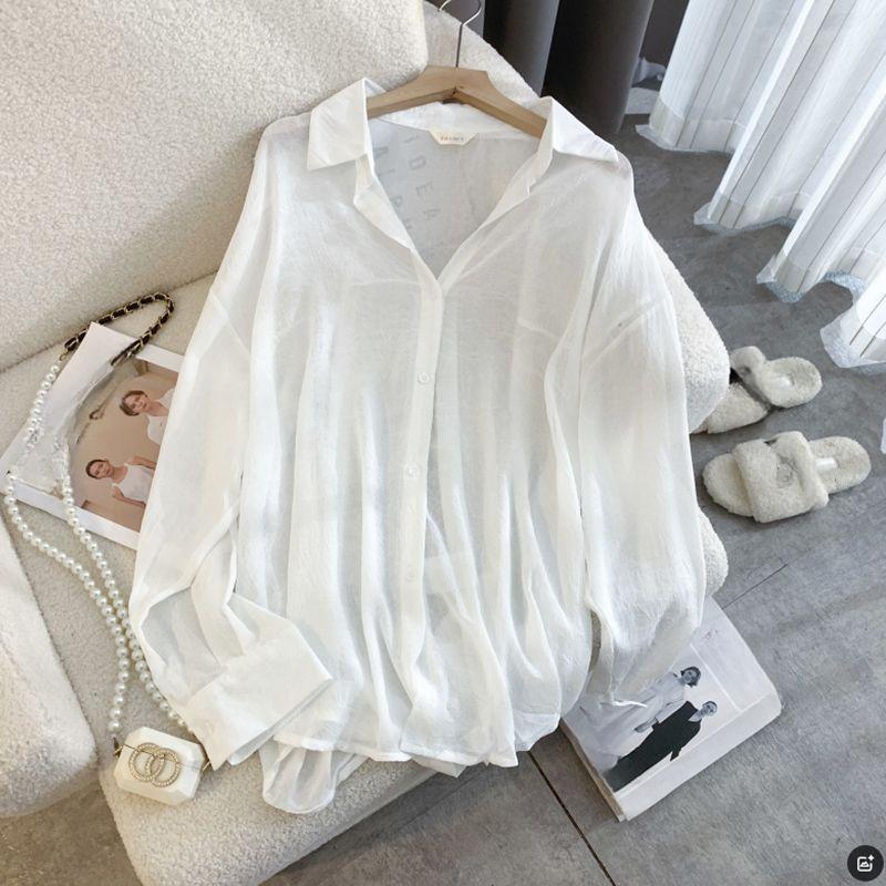 

Womens Summer Loose Fit Shirt Ice Silk Print Long Sleeve Open Front Casual Blouse Lightweight Outwear XXXL чорний