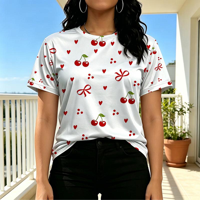 Women's Casual Cherry Print Short Sleeve T-Shirt: Soft & Breathable Cute Basic Top for Daily Wear & Coffee Shop Outings