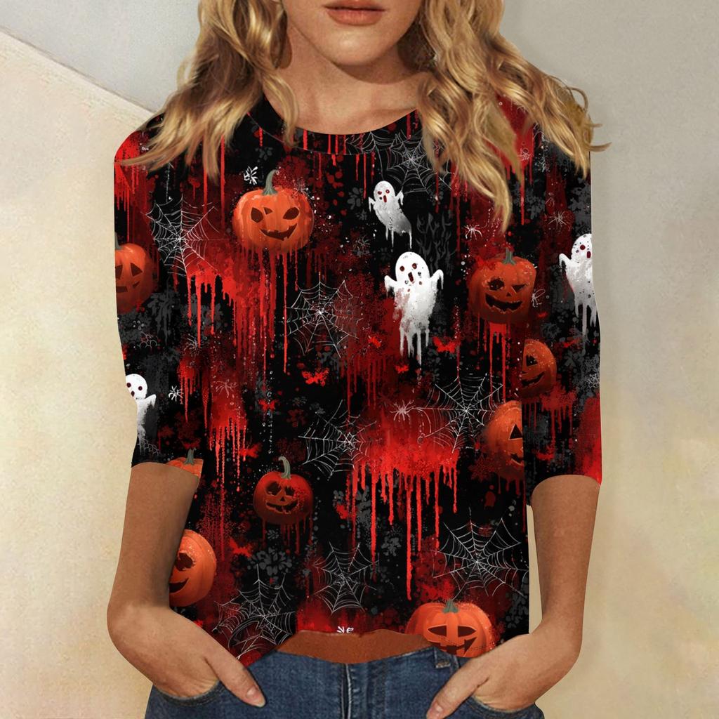 Women's Fashion Casual Round Neck 3/4 Sleeve Loose  Printed T-Shirt Ladies Top