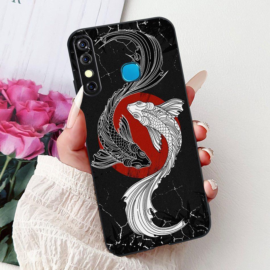 For Infinix Hot 8 Phone Case Hot 8 Lite Hot8 X650 X650C X650B X650D Elegant Floral Cat Pattern Black Silicone Soft TPU Cases