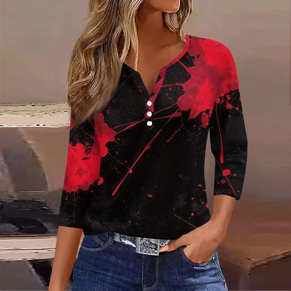 Damen Lässige Mode V-Ausschnitt Locker Vielseitig Halloween-Print Dreiviertelarm Oberteil
