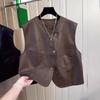 Chaleco sencillo holgado para mujer, patchwork, cuero PU, ropa de calle, sin mangas, chaqueta con botones