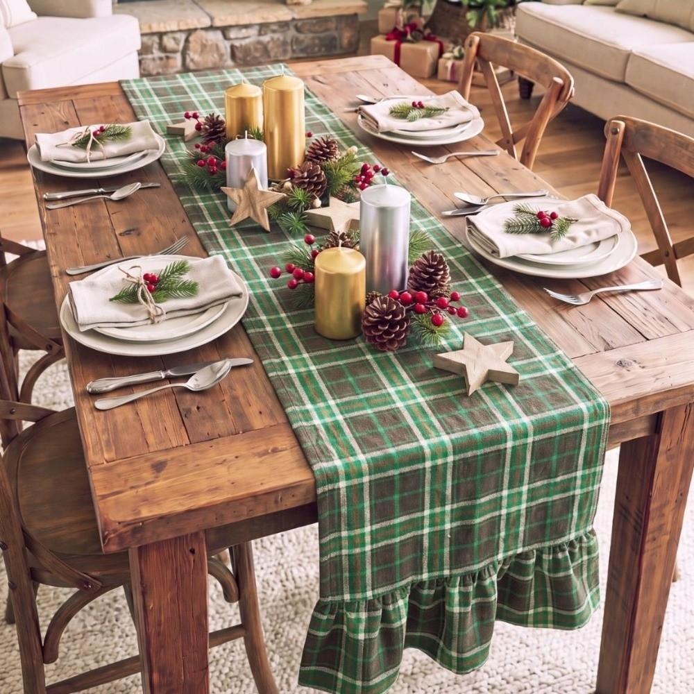 Rustic Style Plaid Table Runner Double Ended Lotus Leaf Edge Ruffle Edge Table Flag Restaurants