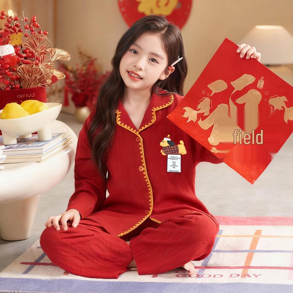 2026 Year of the Rooster Red Girls' Korean Style Cotton Pajamas - Parent-Child Long Sleeve Winter Homewear