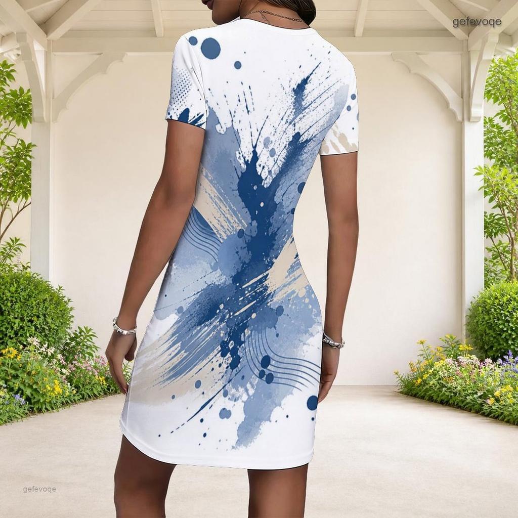 Women Plus Size Round Neck Short Sleeve Blue White Abstract Printed Fitted Mini Dress