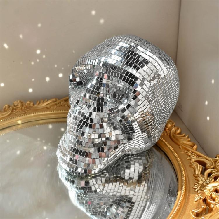 Skull Head Statue Mirrored Figurine Reflective Sparkling Discos Balls Ornament for Halloween Festivals Party Celebration
