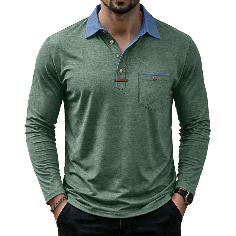 Mens Casual Long Sleeve Polo Shirts Contrast Lapel Button T Shirt with Chest Pocket Solid Color Daily Business Tops