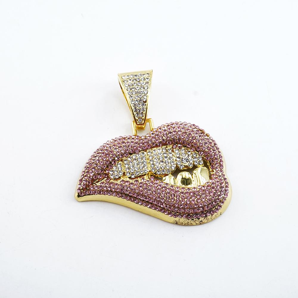 European and American Colored Diamond Sexy Biting Lips Hip Hop Personalized Creative Pendant Hip Hop Cuban Chain Necklace