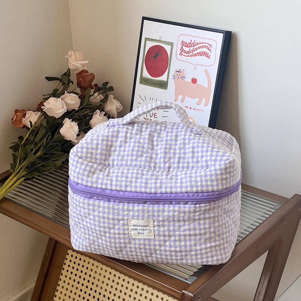 Berry Plaid Makeup Bag: Large Capacity, Portable Toiletry Organizer for Travel