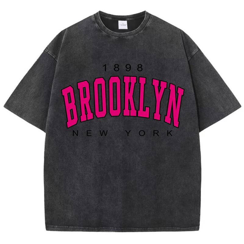Cotton Washed T-Shirts Fashion Loose O-Neck Short Sleeve Brooklyn New York Printing Tops Summer Street Clothes