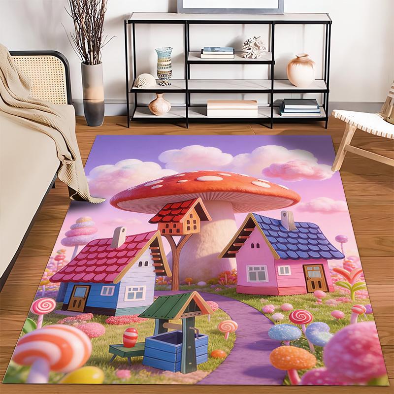 Fantasy Mushroom Village Carpet with Colorful Candy Land Theme Design Suitable for use as an anti-slip for living room bedroom sofas