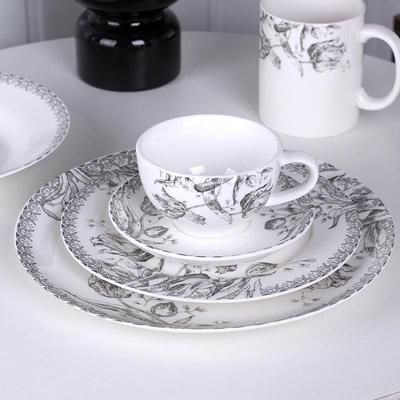 Set di Piatti Retro in Ceramica Tulipano Nero: Piatti da Cena, da Dessert e da Verdura con Piatto da Colazione e Tazza da Caffè.