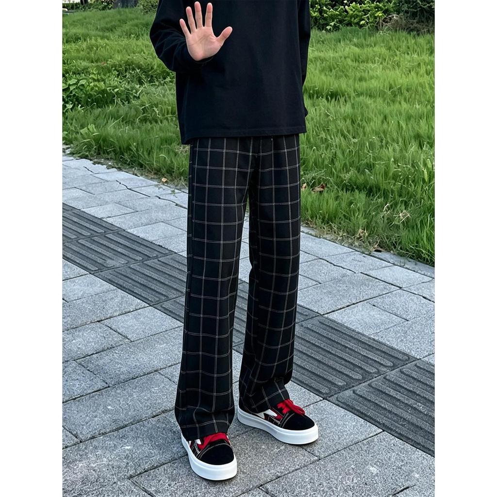 Retro Black Micro-pull Casual Pants Straight American Plaid Pants Men's Ean Plaid Pants Summer Quick-drying Cotton