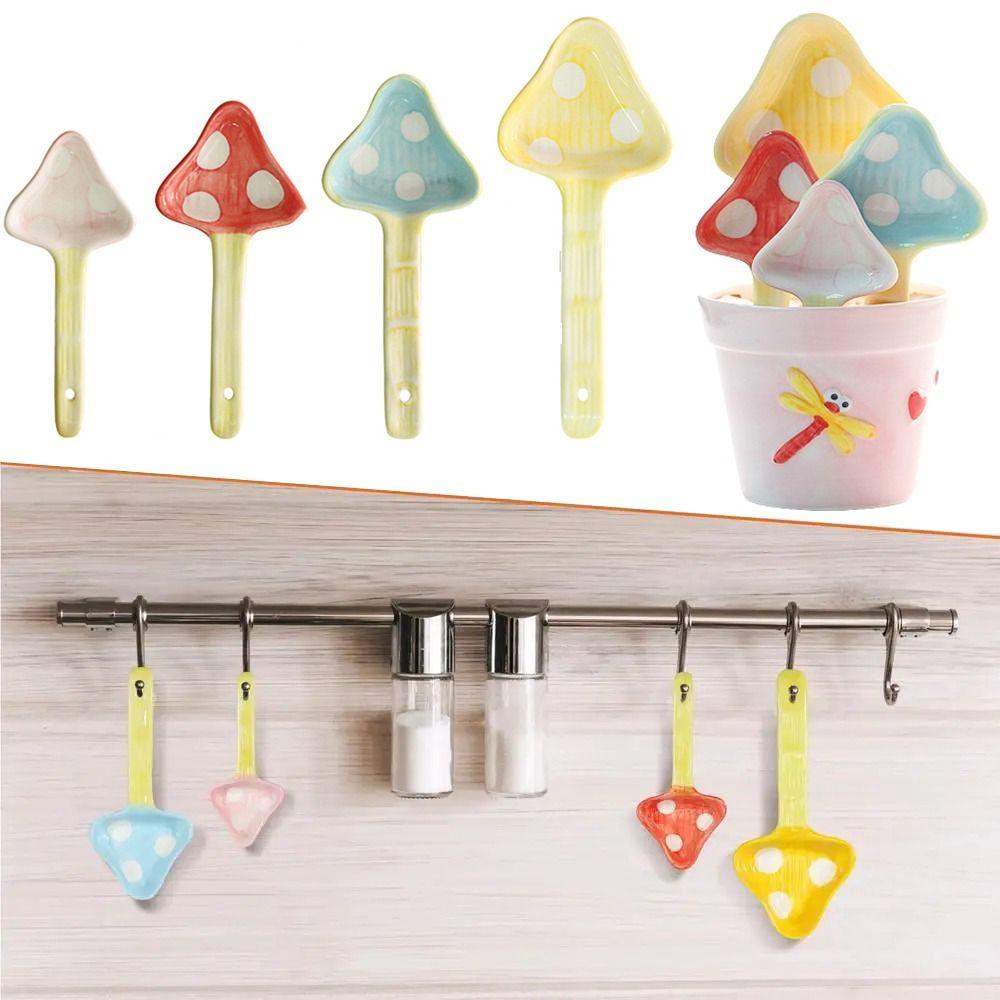 4Pcs Ceramic Mushroom Measuring Spoons Potted Coffee Spoon Decorative Tablespoons  Kitchen