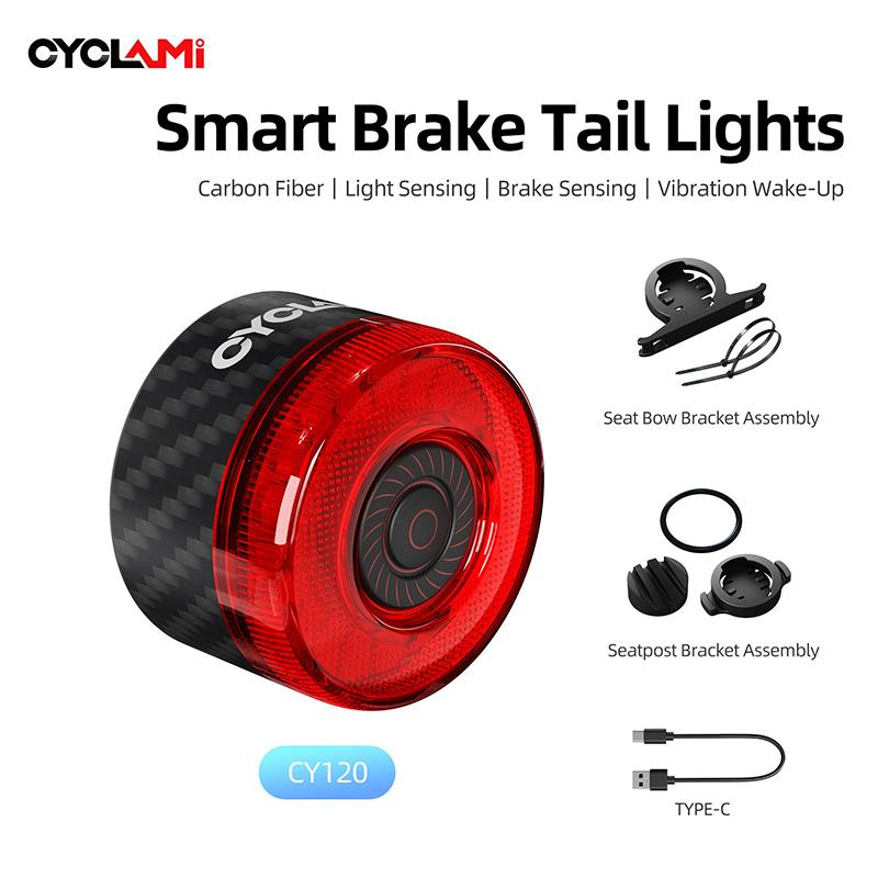 CYCLAMI Bike Tail Light Smart Brake Sensing Rear Bicycle Light Carbon Fiber Waterproof Type-C MTB Road Warning Cycling Taillight CY120