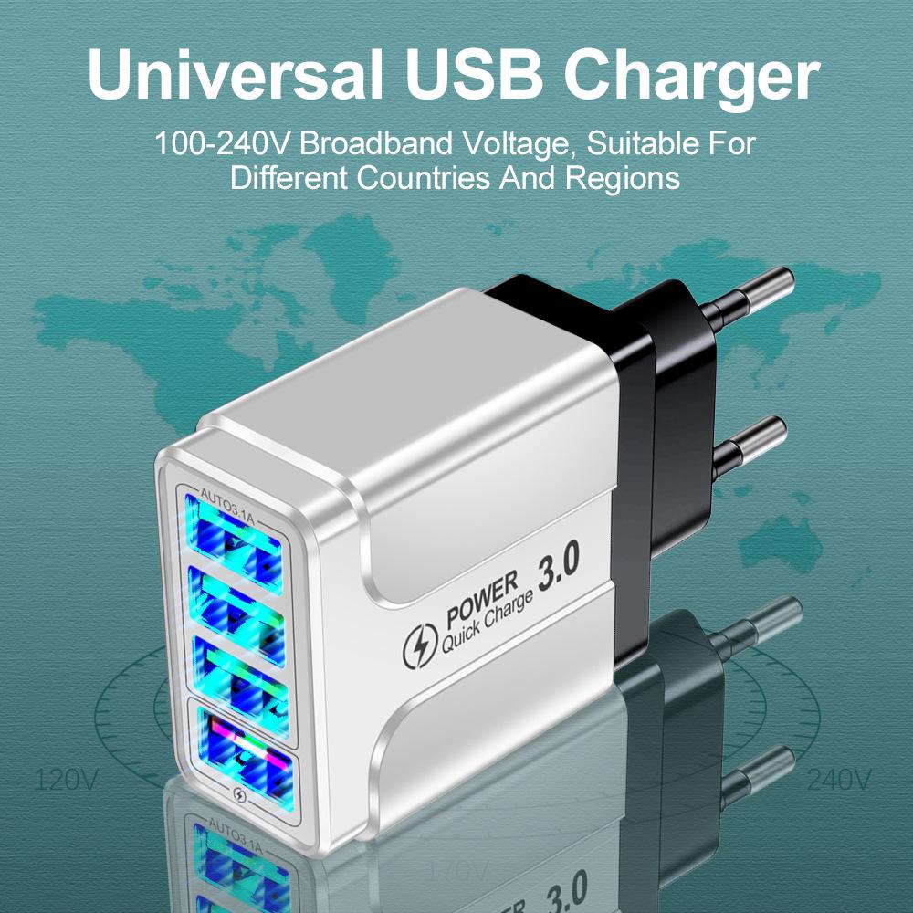 QC3.0 4-Port Fast USB Mobile Phone Charger with EU/UK/AU Plug
