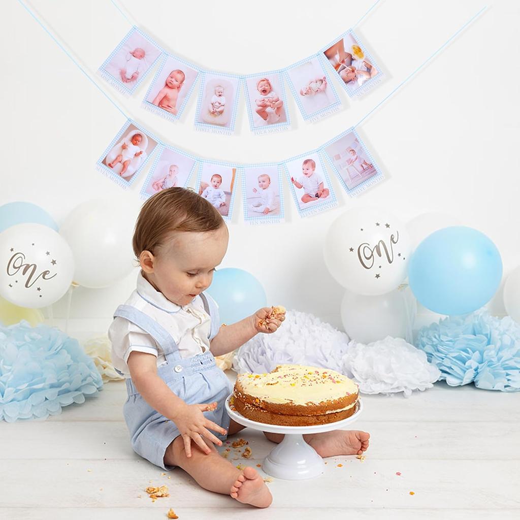 Newborn 1 To 12 Months Milestone Decorations - Simple Blue Monthly Banner, First Year Photos Hanging Banner, Boys One Birthday Decor (BLUE)