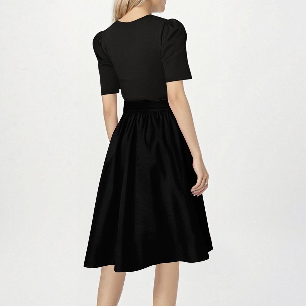 Women's Fashionable Casual Belt Short Sleeved Round Neck Color Patchwork Dress