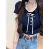 Summer new bow lace fake two-piece short-sleeved t-shirt slim-fit short gentle style chic top trendy