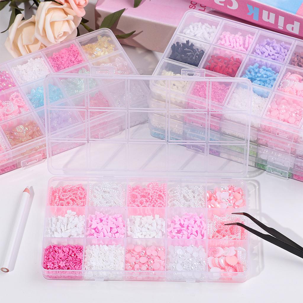 15Grids/Set Mixed Bowknot Pearl Charms Nail Art Decorations 3D Kawaii Colorful Bow Flower Rhinestone DIY Manicure Parts Accessor